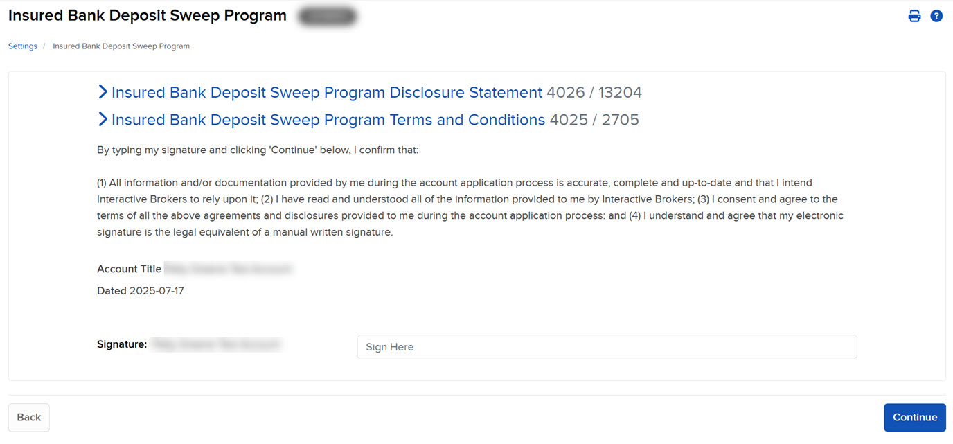 The insured bank deposit sweep signature panel in client portal. 